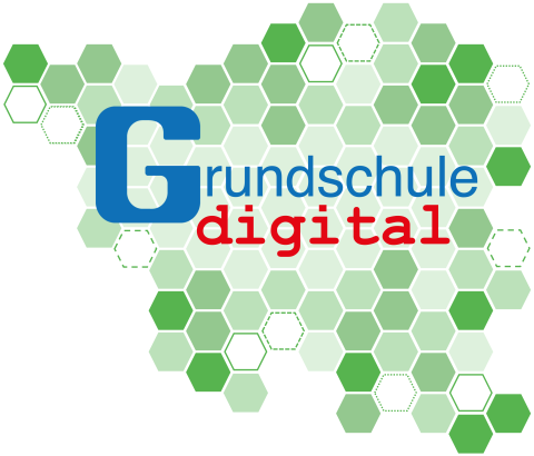 Auf dem Bild ist das Saarland, bestehend grünen Sechsecken, zusehen. In der Mitte ist der Projekttitel Grundschule digital zulesen. Grundschule ist dabei in blau geschrieben und digital in rot.